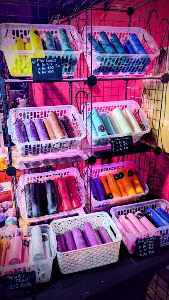 Baskets of colourful candles on the Kinky Moongazer stand